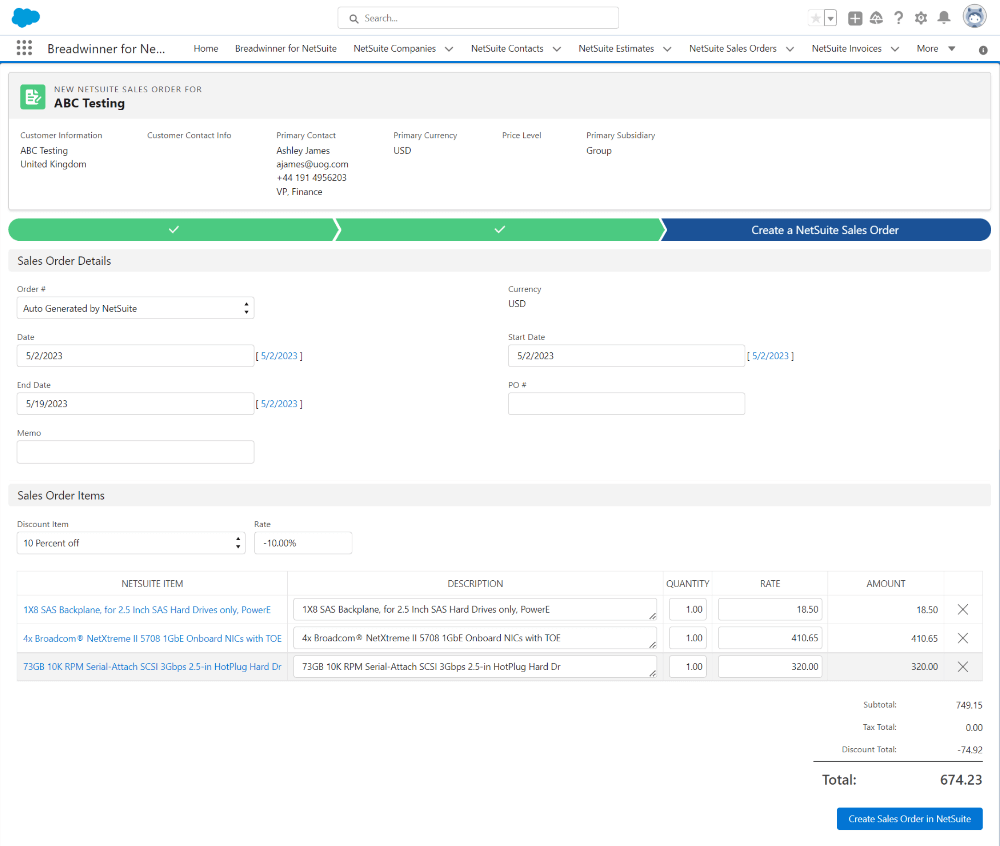 Screenshot of NetSuite sales order creation in Breadwinner's Salesforce NetSuite integration