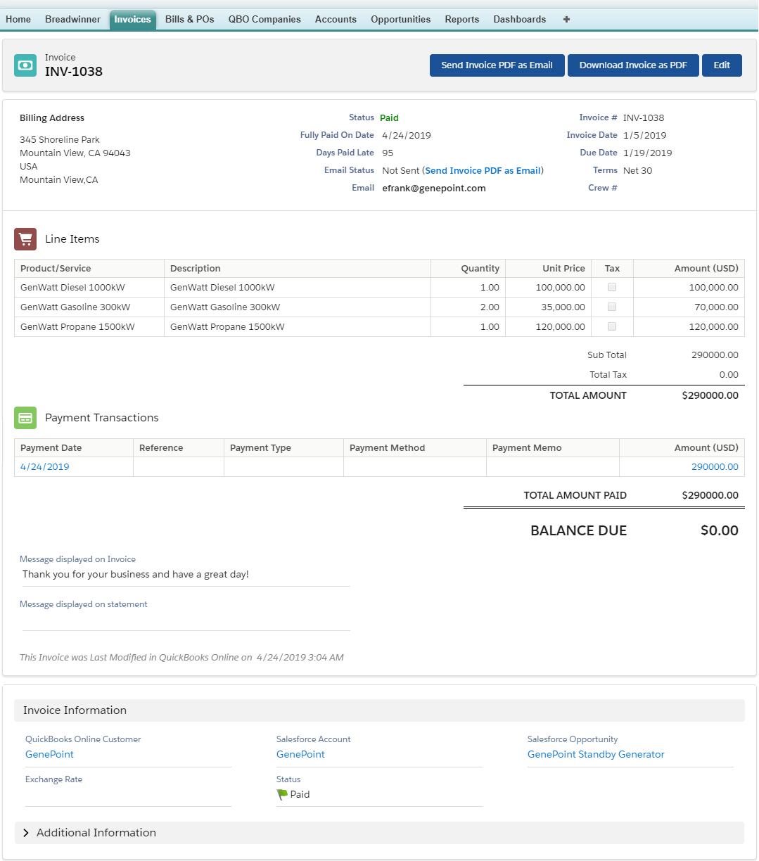 Breadwinner QuickBooks Online Salesforce Invoice Information