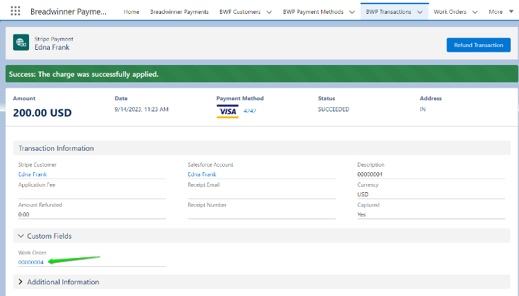 Screenshot of a payment record in Breadwinner's Stripe Salesforce integration