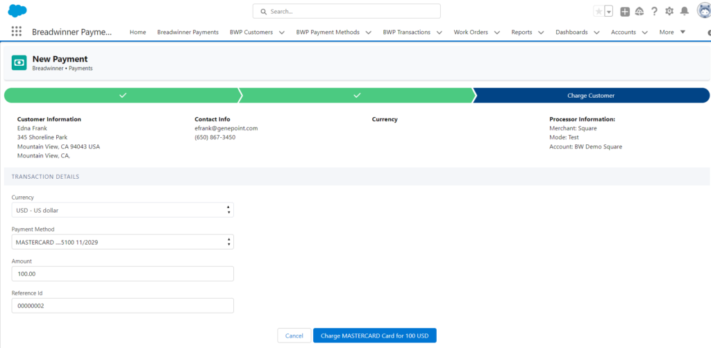 Salesforce field service lightning integrates square payments virtual terminal