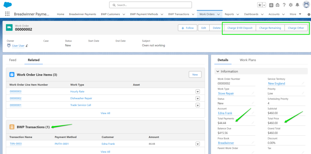Salesforce field service lightning integrates square payments work order showing transactions balance