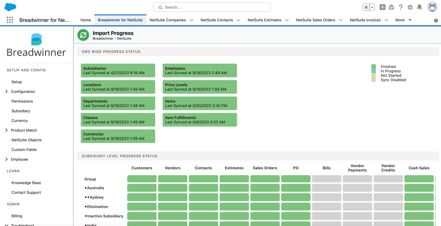 Screenshot showing Breadwinner for NetSuite and the Import Progress